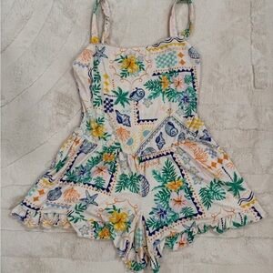 Derek Heart White Tropical Print Romper with Green & Yellow Accents